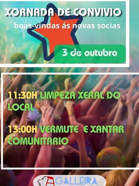 Xornada de convivio
boas-vindas ás novas socias
3 de outubro
11:30h Limpeza xeral do local
13:00h Vermute e xantar comunitario
A Galleira